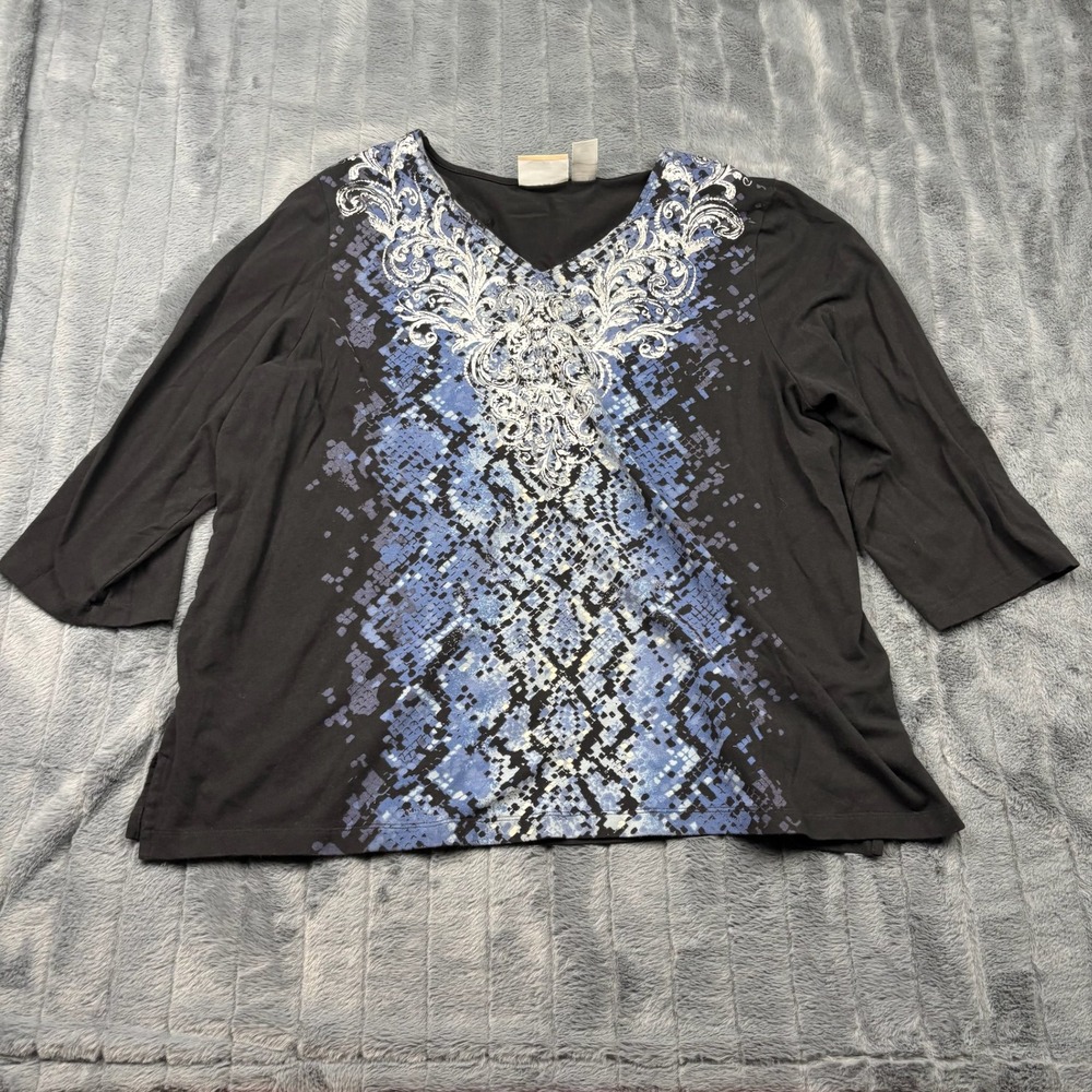 Alfred Dunner Woman Black Blue Snakeskin V-Neck Embroidered 3/4 Sleeve Top 2X